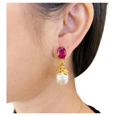 Bochic “Capri” South Sea Pearl & Ruby Earrings Set in 22 Gold & Silver 