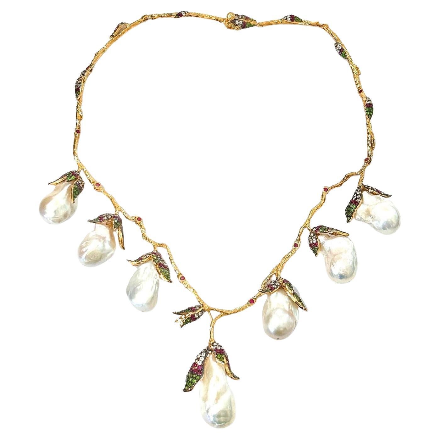 Bochic "Capri" Südsee Perle, Rubin & Multi Edelstein Halskette Set in 18K & Silber
