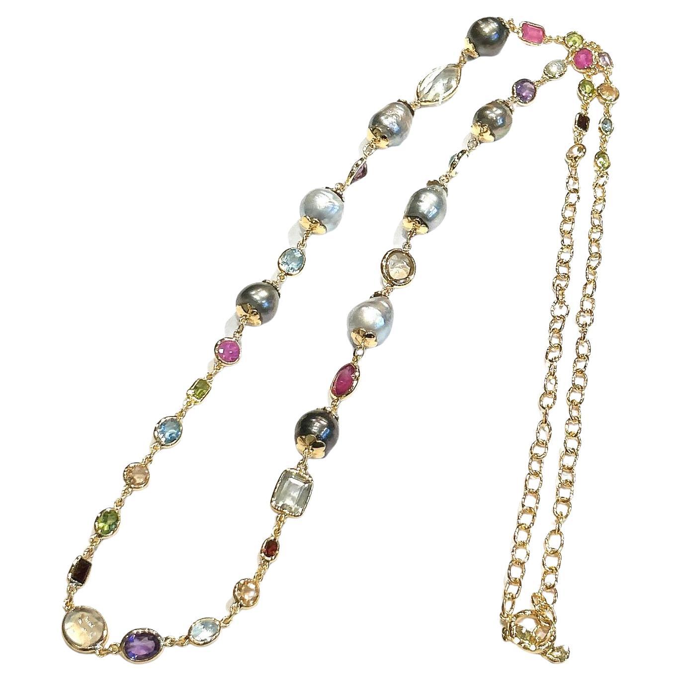 Bochic “Capri” South Sea Pearl, Ruby, Sapphire, Amethyst , & Mix gems Necklace