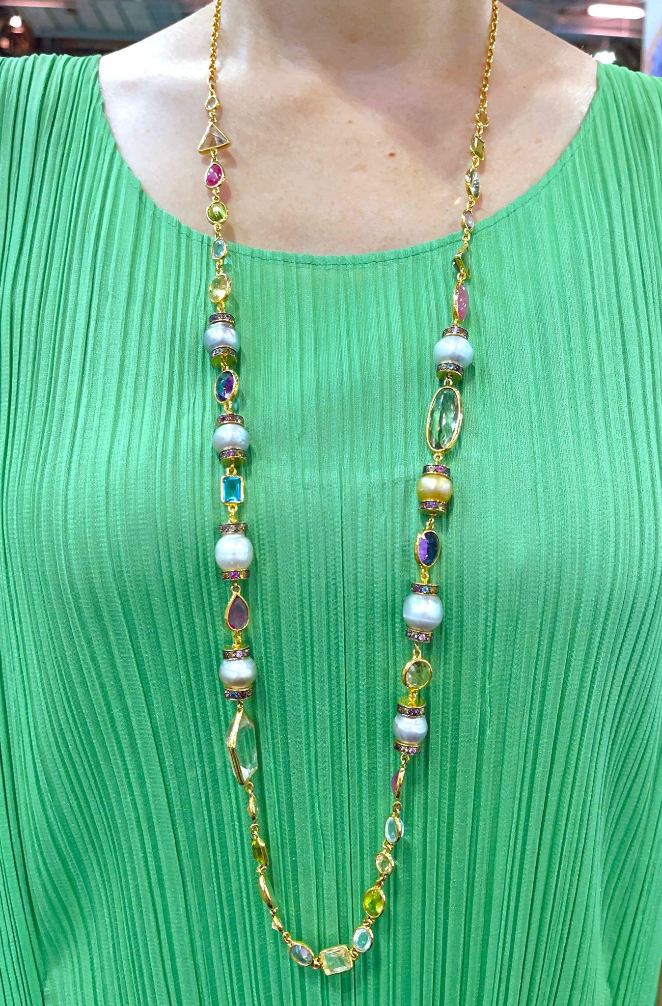 Brilliant Cut Bochic “Capri” South Sea Pearl, Sapphire, Ruby Necklace Set In 18K Gold & Silver