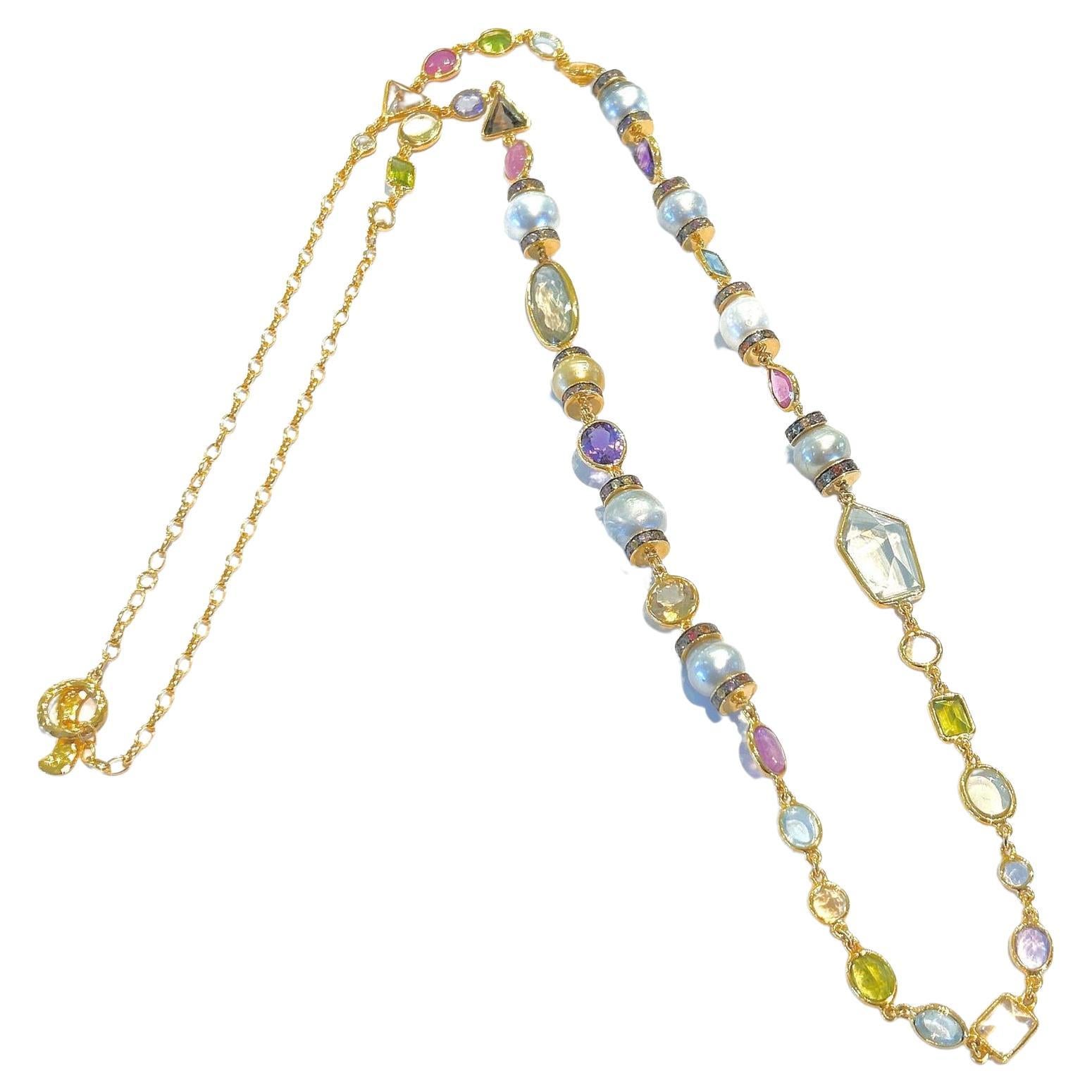 Bochic “Capri” South Sea Pearl, Sapphire, Ruby Necklace Set In 18K Gold & Silver