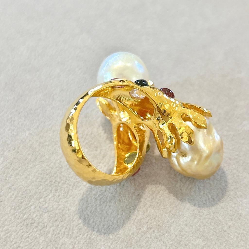 Baroque Bochic “Capri” South Sea Pearls & Multi Color Sapphires In 18K Gold & Silver  For Sale