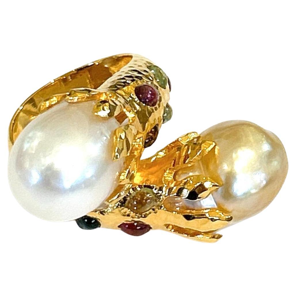 Bochic “Capri” South Sea Pearls & Multi Color Sapphires In 18K Gold & Silver  For Sale
