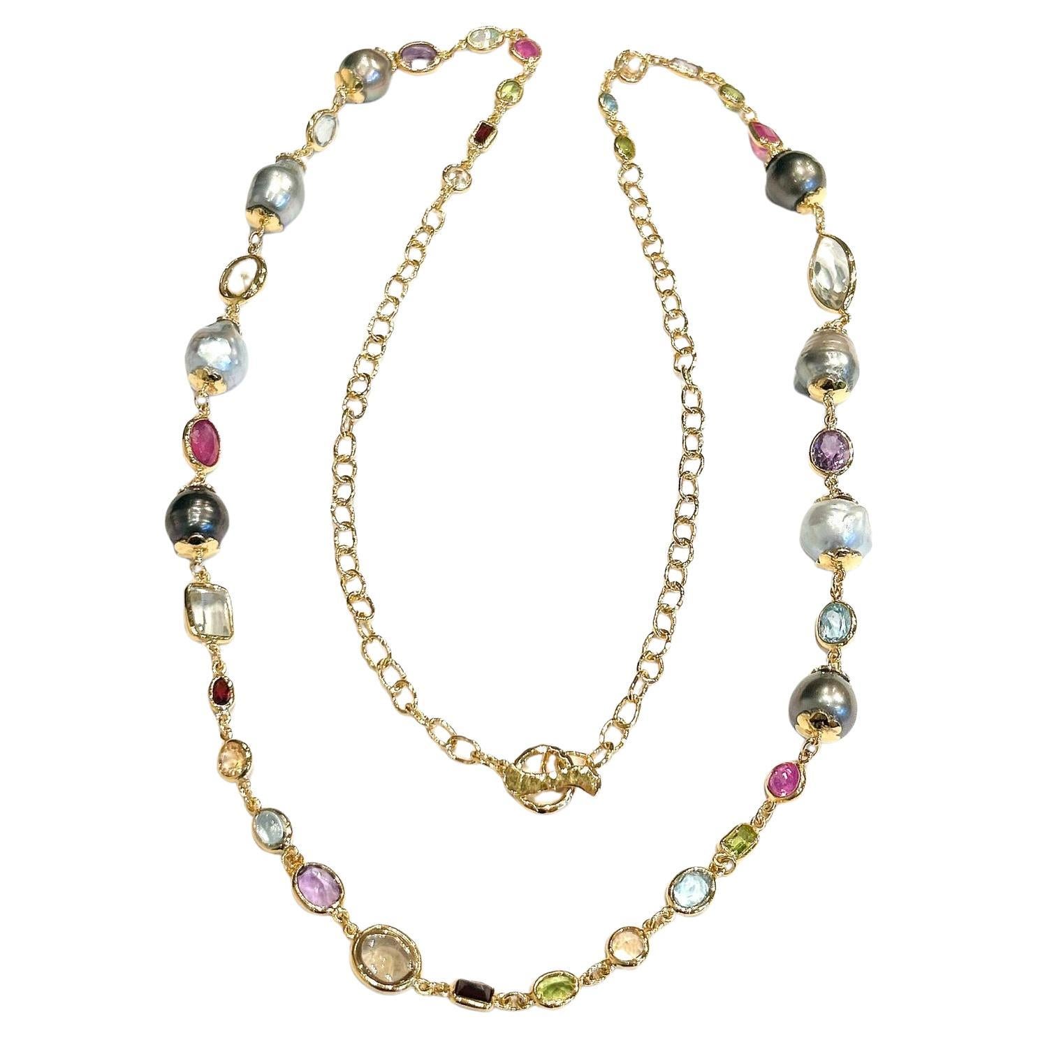 Bochic "Capri" Südsee-Perlen & Multi Edelstein Halskette Set 18K Gold & Silber