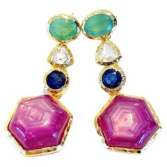 Bochic “Capri” Star Ruby, Emerald, Sapphire Earrings Set in 22k Gold & Silver