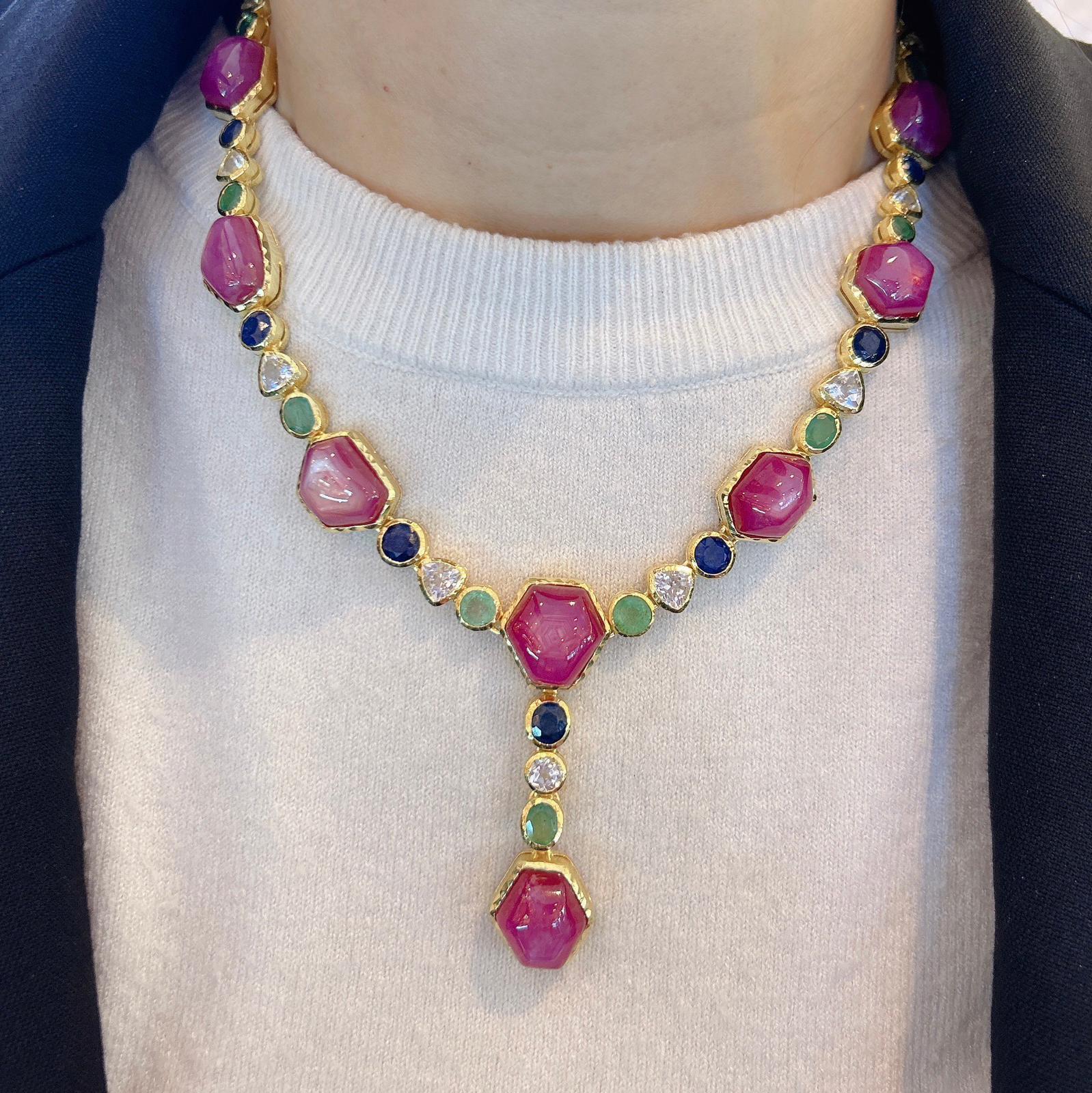 Bochic “Capri” Star Ruby, Emerald, Sapphire Necklace Set in 22k Gold & Silver 4
