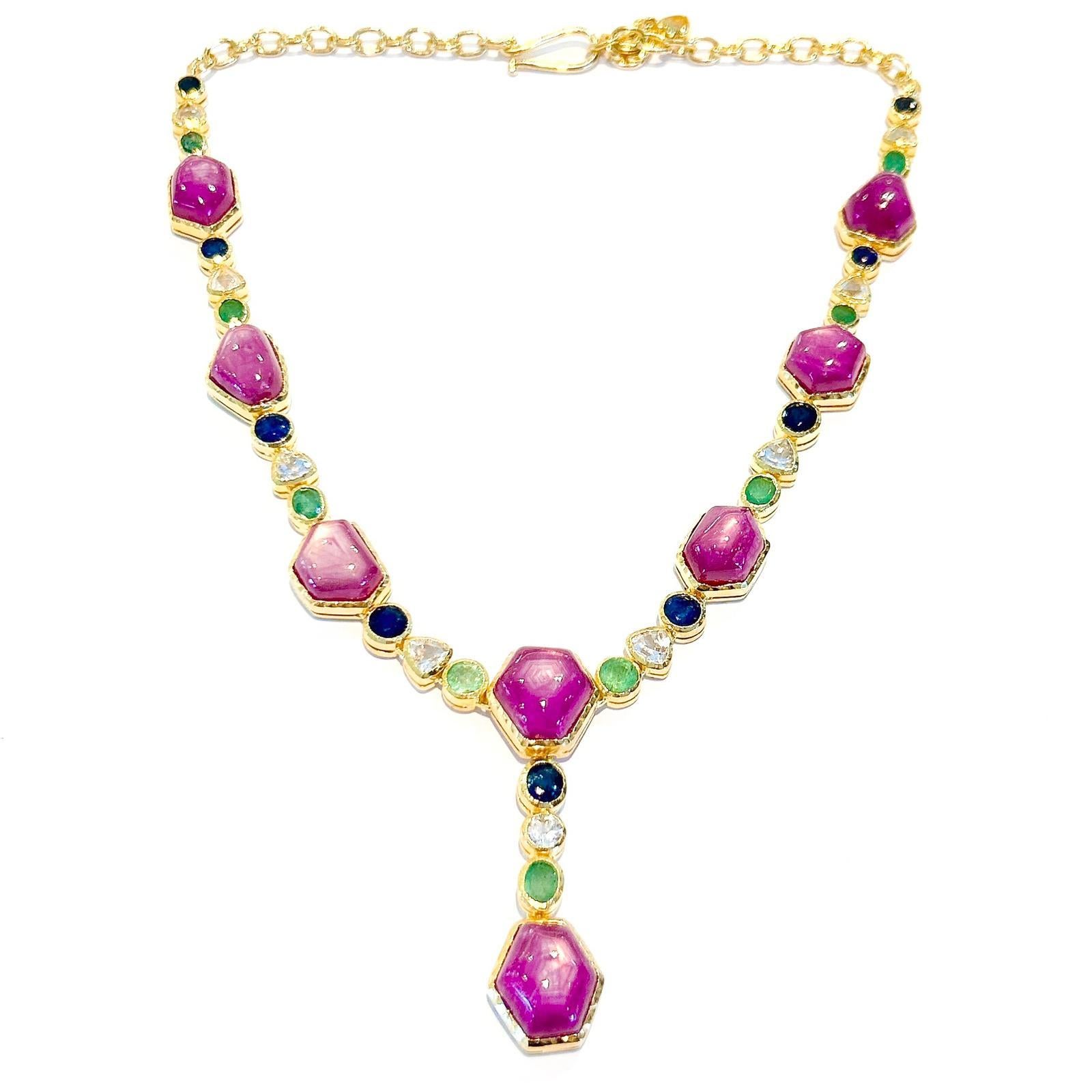 Bochic “Capri” Star Ruby, Emerald, Sapphire Necklace Set in 22k Gold & Silver In New Condition In New York, NY