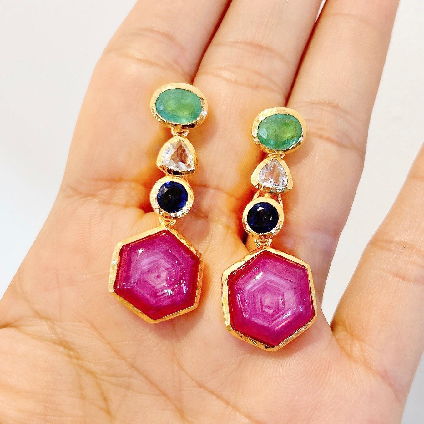 Bochic “Capri” Star Ruby, Emerald, Sapphire Necklace Set in 22k Gold & Silver 2