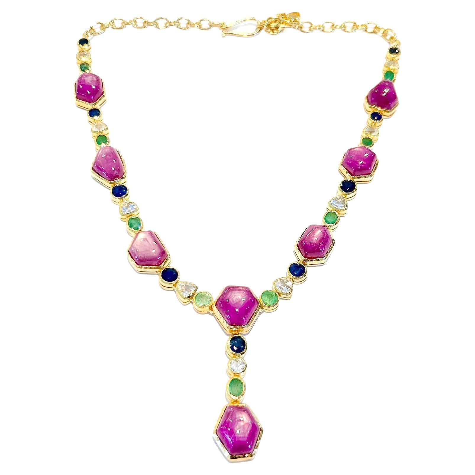 Bochic “Capri” Star Ruby, Emerald, Sapphire Necklace Set in 22k Gold & Silver