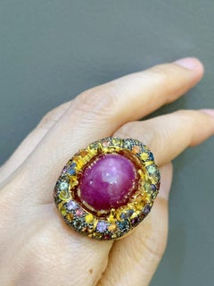 Bochic “Capri” Star Ruby & Sapphire Cocktail Ring Set in 22K Gold & Silver