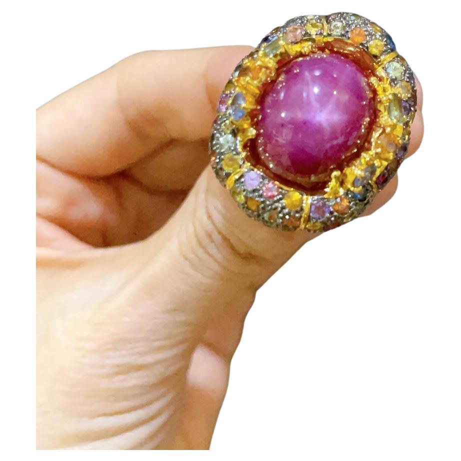 Bochic “Capri” Star Ruby & Sapphire Cocktail Ring Set in 22K Gold & Silver For Sale