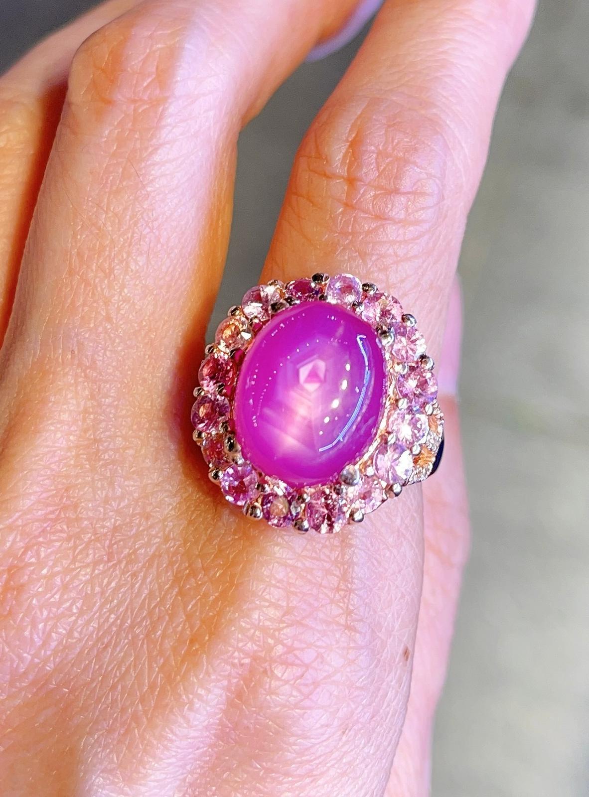 Bochic “Capri” Star Ruby Ring with Pink Sapphires 
Set in 22 Gold & Silver 
Natural Star Ruby Center Cabochon - 24 carats 
Natural Pink Sapphires cluster all around the ruby  - 9 carats 
Round brilliant shapes 
This Ring is perfect to wear day to