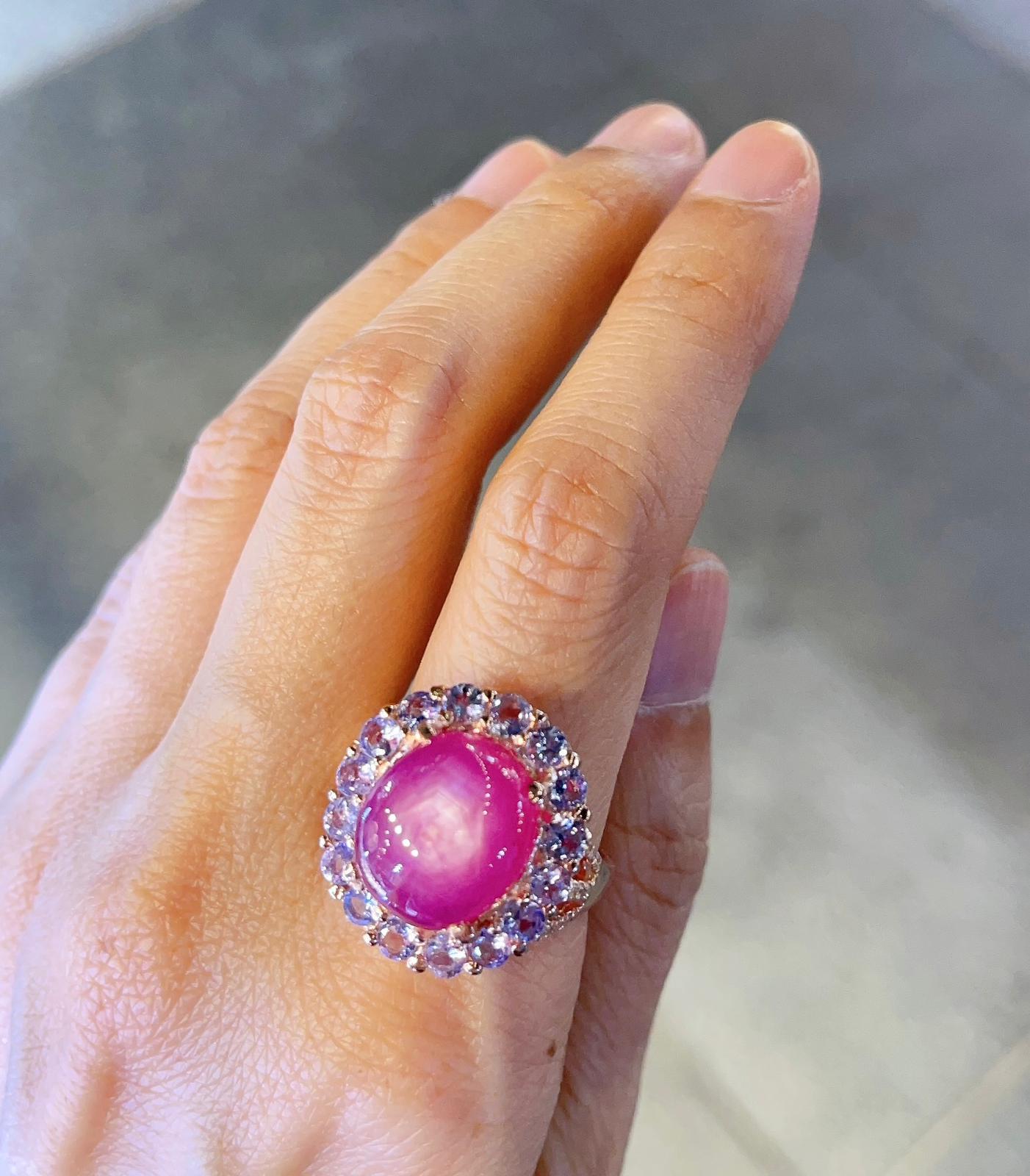 Cabochon Bochic “Capri” Star Ruby Cocktail Ring with Purple Tanzanite set in 22K Gold … For Sale