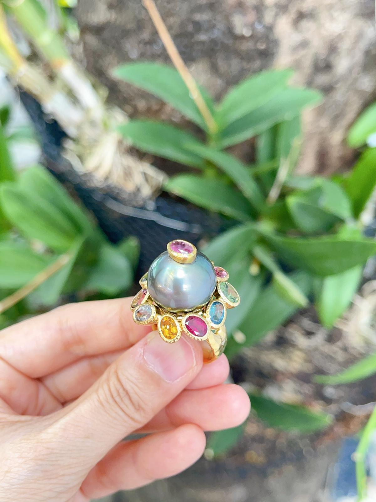 Bochic “Capri” Blue Opal & Multi Color Sapphire Cocktail Ring Set In 22K Gold & Silver 
Tahiti Pearl, Dark Black Green - 15MM - Pink tones 
Natural Multi Color Tourmaline - 8 carats 
Oval brilliant shapes 
This Rings  is perfect to wear - Day to