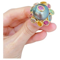 Bochic “Capri” Tahiti Pearl, Multi Color Tourmaline Cocktail Ring Set 22K&Silver