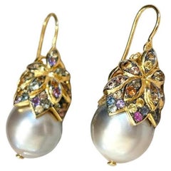 Bochic “Capri” Tahiti Pearls & Sapphire Earrings Set In 18K Gold & Silver 