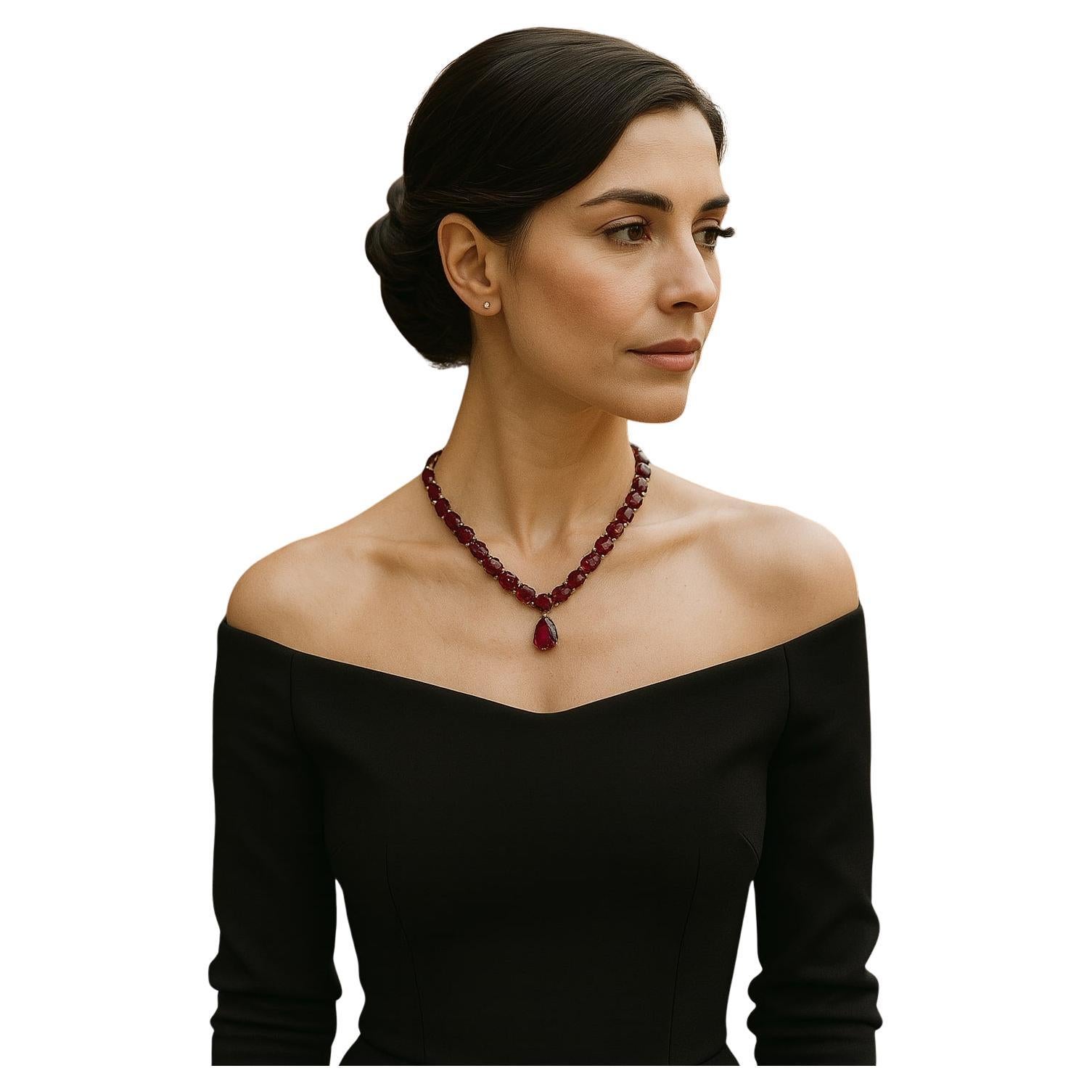 Bochic “Capri” Vintage 100 Carat Plus Of Natural Ruby Necklace Set 18K Gold & Si For Sale