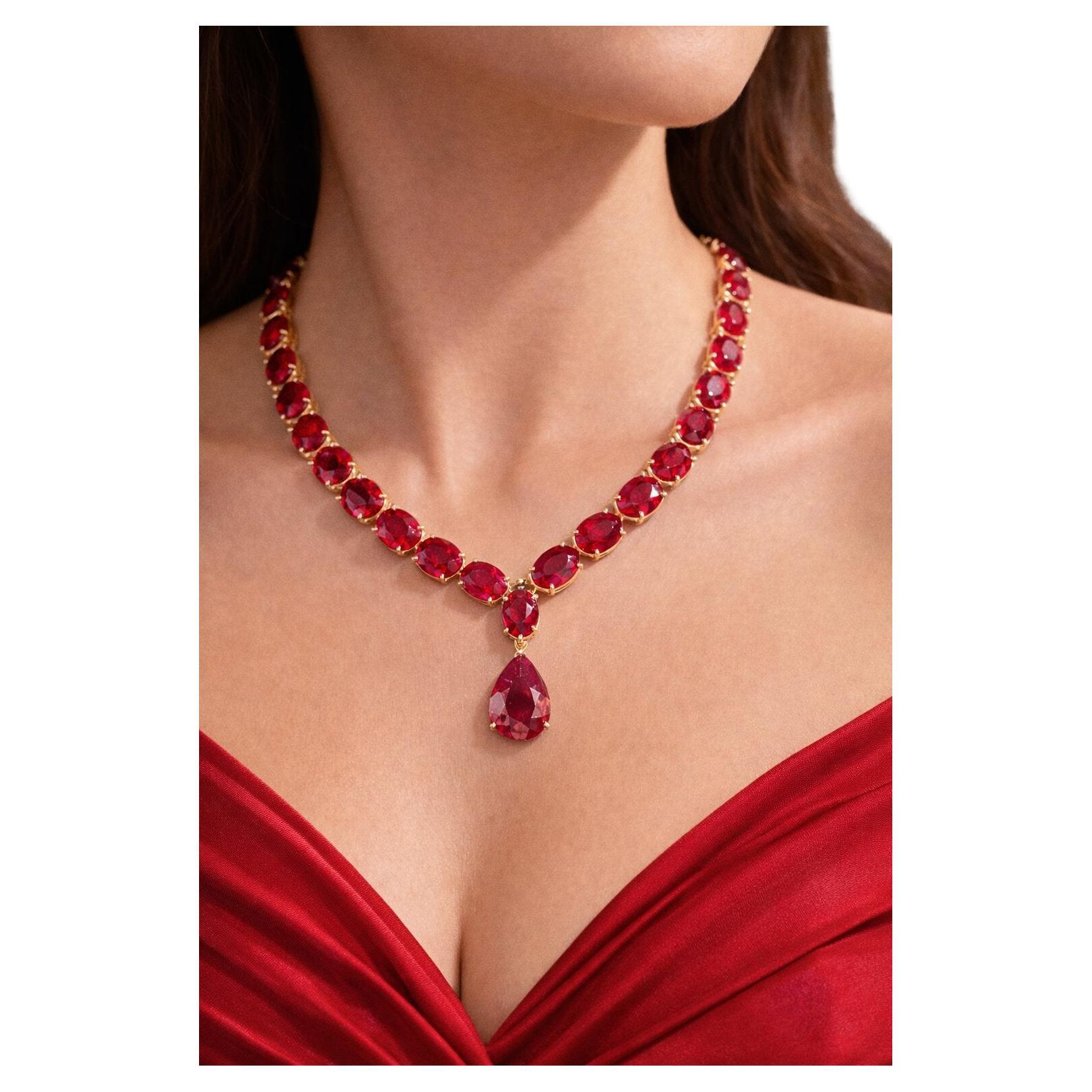 Bochic Capri Vintage 112ct Natural Ruby Necklace in 18K Gold & Silver