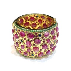 Bochic “Capri” Vintage 167 Carat Multi Ruby & Emerald Cuff 18K Gold & Silver
