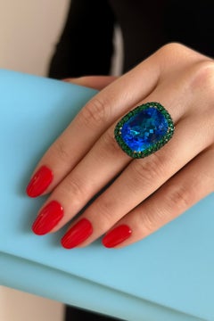 Bochic Capri Vintage-Ring mit 16 Karat London-Blauem Topas und Smaragd, 18 Karat Gold und Silber