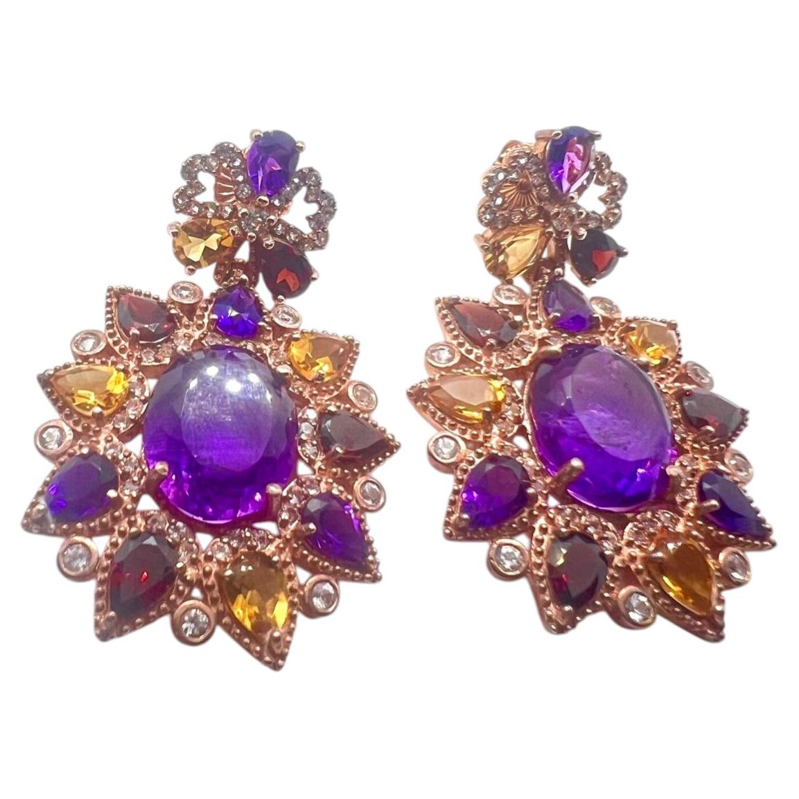 Bochic Capri Vintage 18K Gold & Silver Amethyst and Topaz Earrings