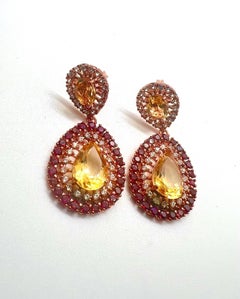 Bochic Capri Vintage 18K Gold & Silver, Citrine Ruby Earrings, 20ct