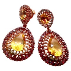 Bochic Capri Vintage 18K Gold & Silver, Citrine Ruby Earrings, 20ct