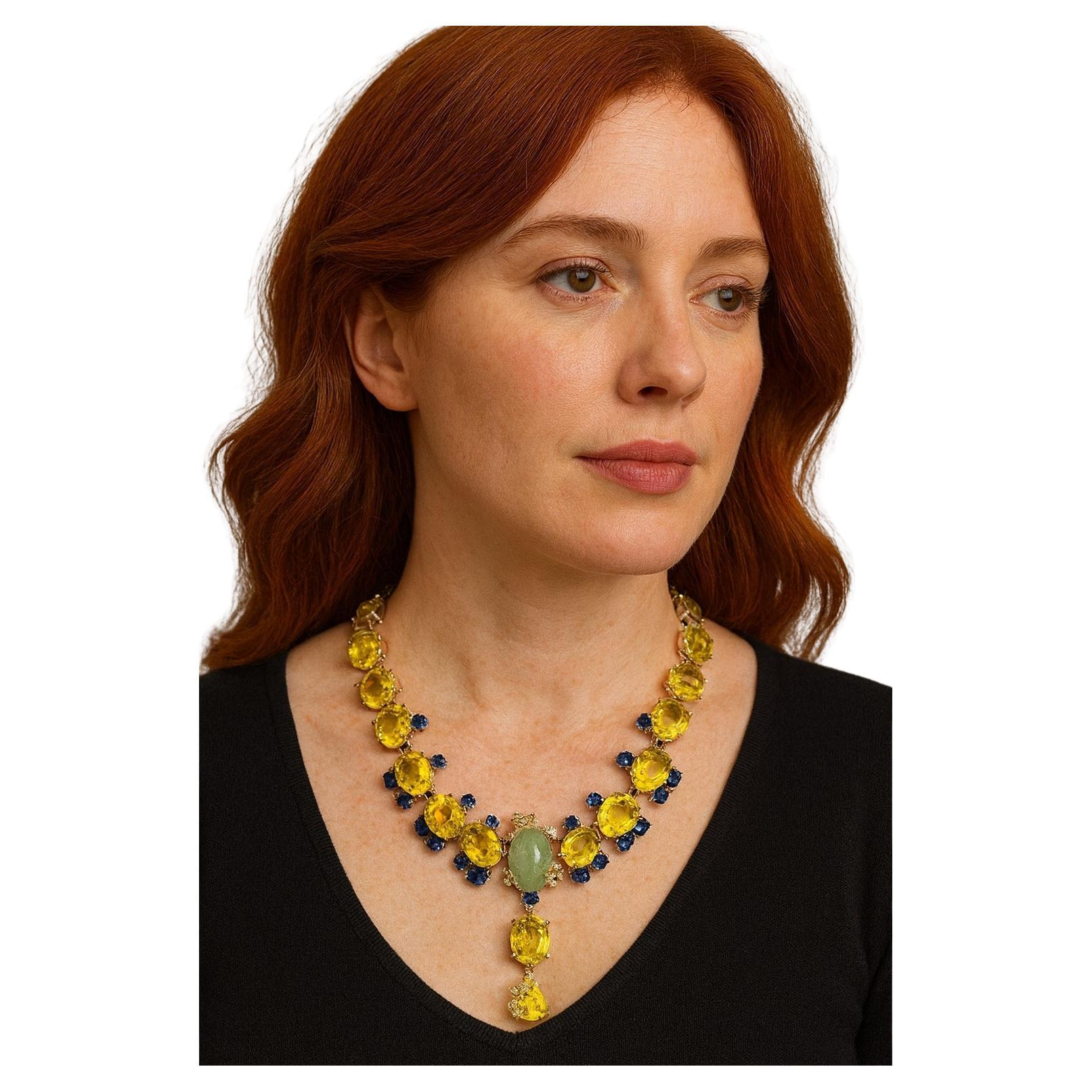 Bochic Capri Vintage 18K Gold & Silver Necklace, 74ct Multi Gemstones For Sale