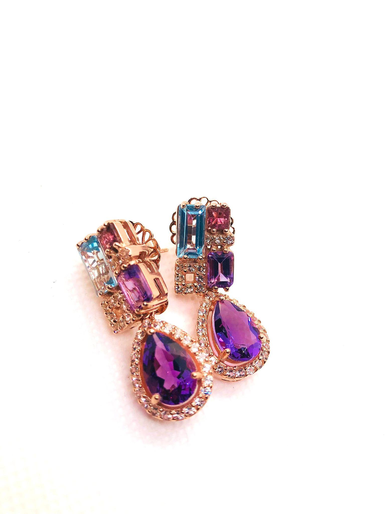 Bochic “Capri” Vintage Amethyst & Blue Topaz Earrings Set In 18K Gold & Silver For Sale 4