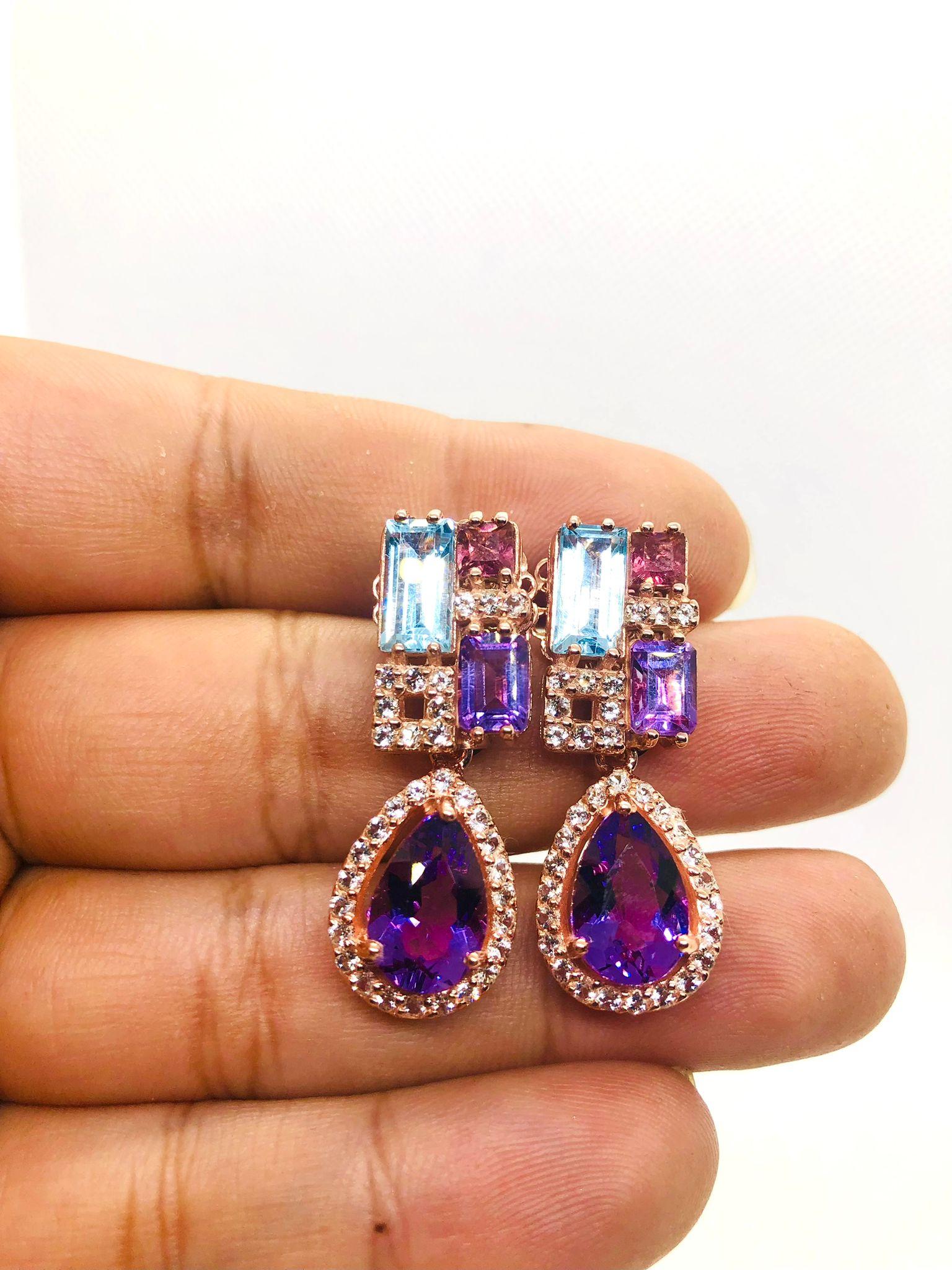 Art Deco Bochic “Capri” Vintage Amethyst & Blue Topaz Earrings Set In 18K Gold & Silver For Sale