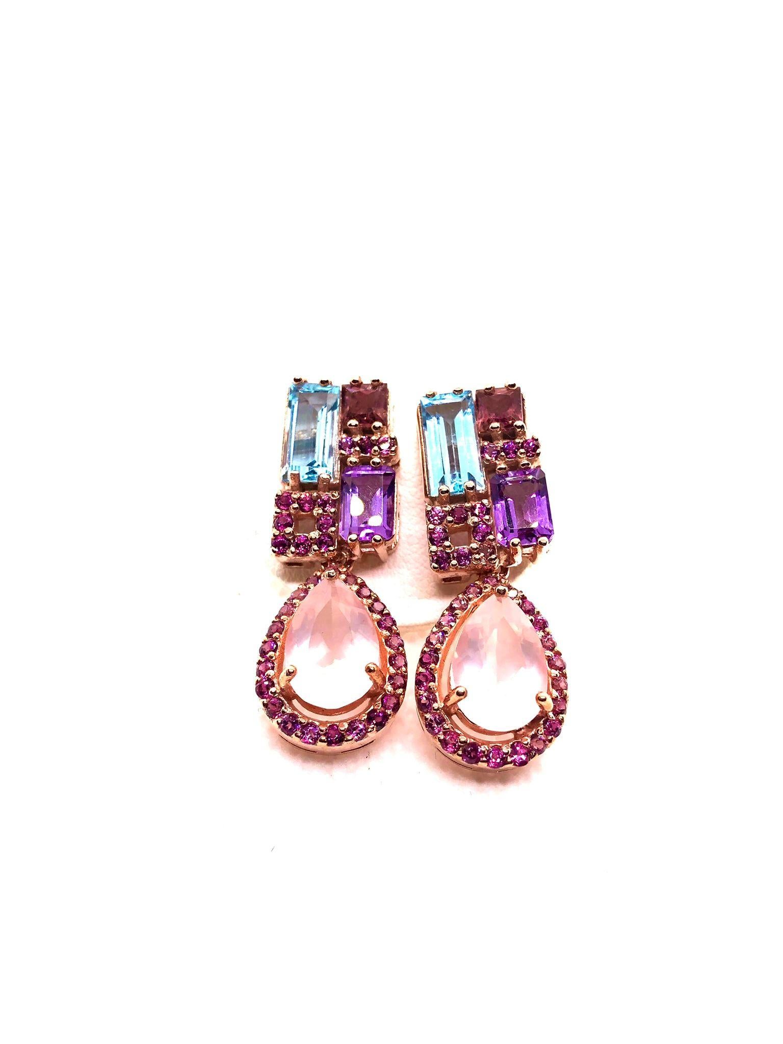 Art Deco Bochic “Capri” Vintage Amethyst & Blue Topaz Earrings Set In 18K Gold & Silver For Sale