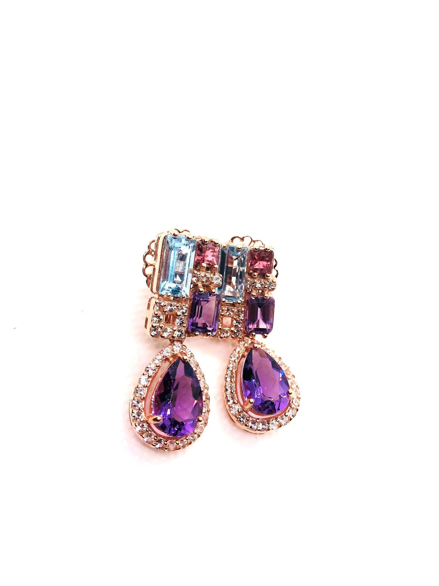 Pear Cut Bochic “Capri” Vintage Amethyst & Blue Topaz Earrings Set In 18K Gold & Silver For Sale