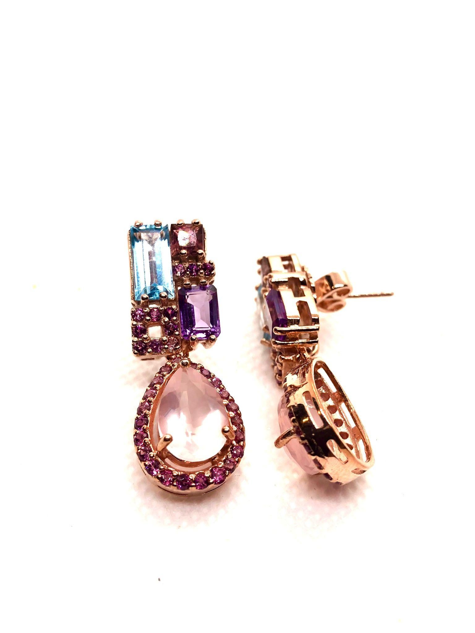 Women's or Men's Bochic “Capri” Vintage Amethyst & Blue Topaz Earrings Set In 18K Gold & Silver For Sale