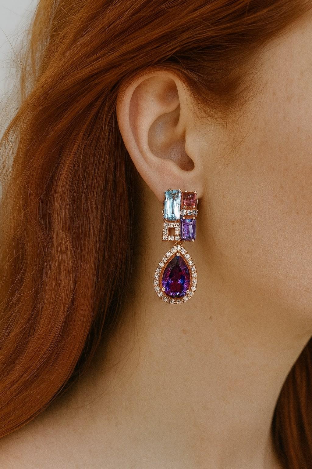 Bochic “Capri” Vintage Amethyst & Blue Topaz Earrings Set In 18K Gold & Silver For Sale 2