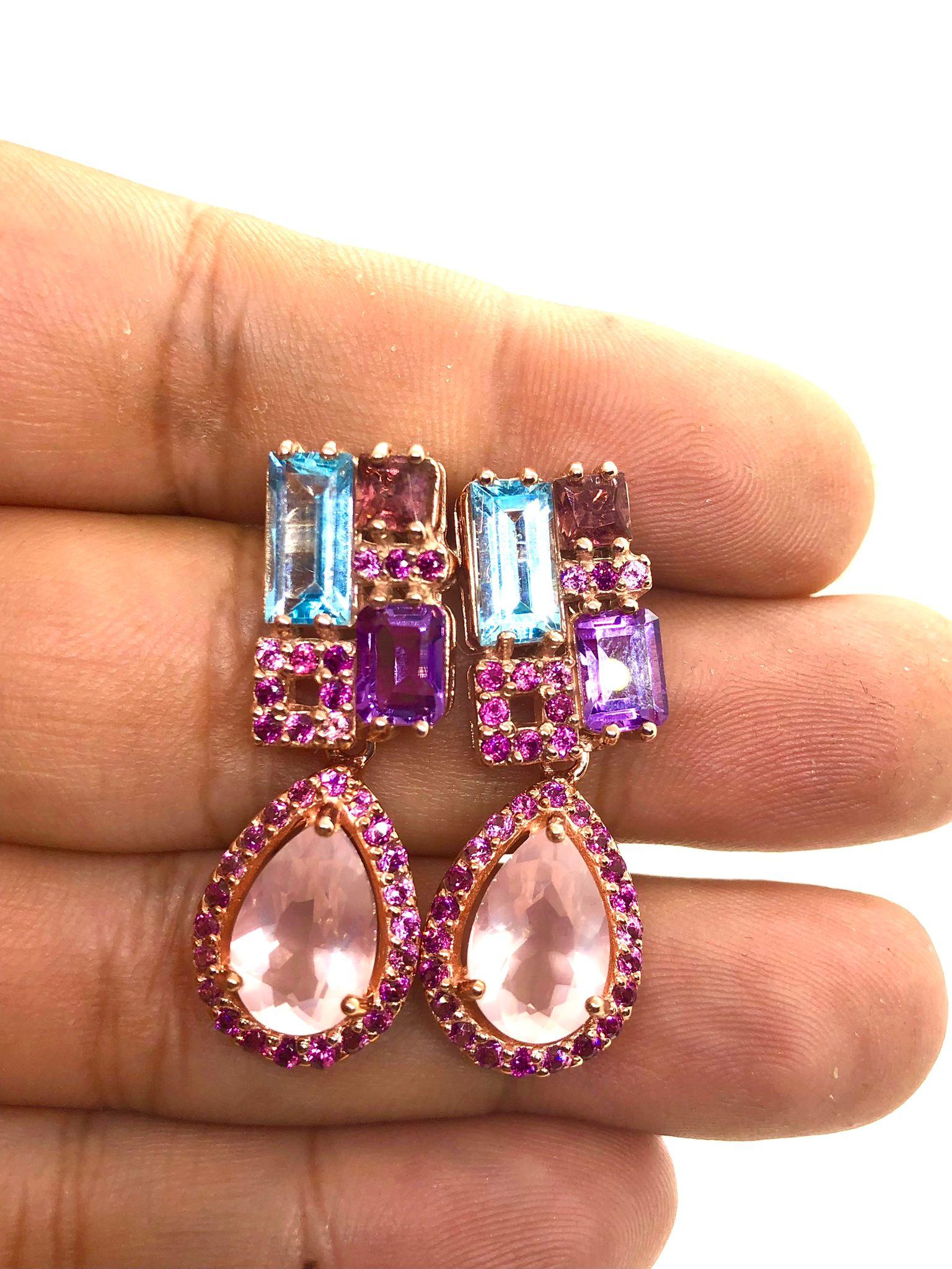 Bochic “Capri” Vintage Amethyst & Blue Topaz Earrings Set In 18K Gold & Silver For Sale 2