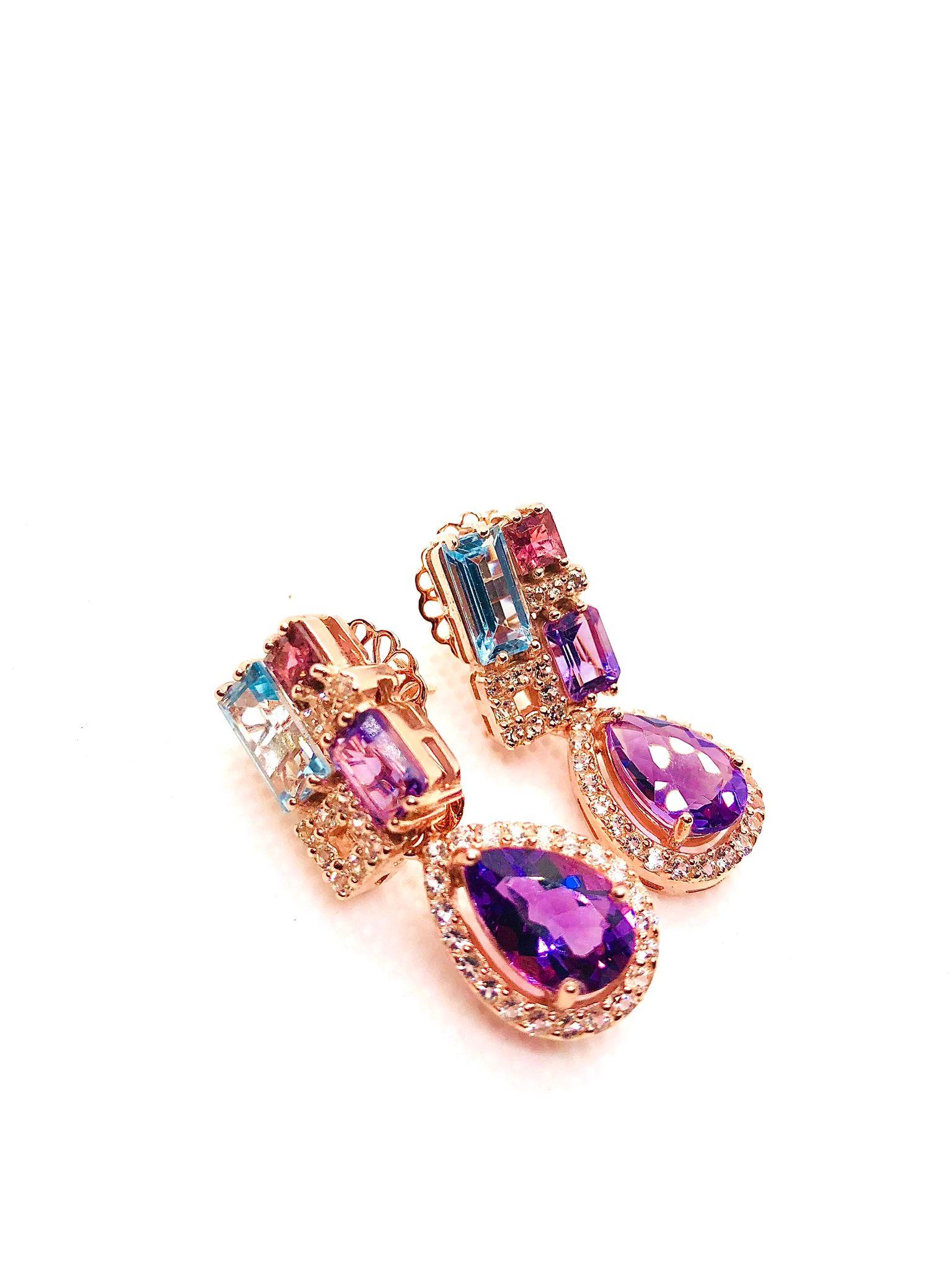 Bochic “Capri” Vintage Amethyst & Blue Topaz Earrings Set In 18K Gold & Silver For Sale 3