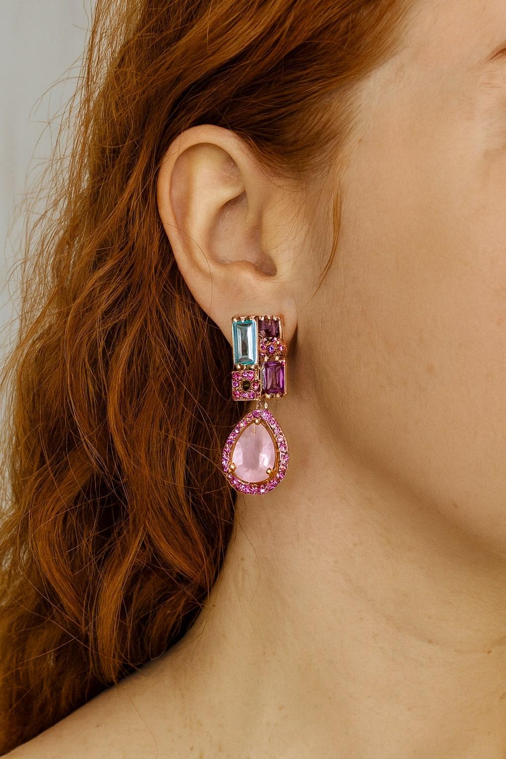 Bochic “Capri” Vintage Amethyst & Blue Topaz Earrings Set In 18K Gold & Silver For Sale 3