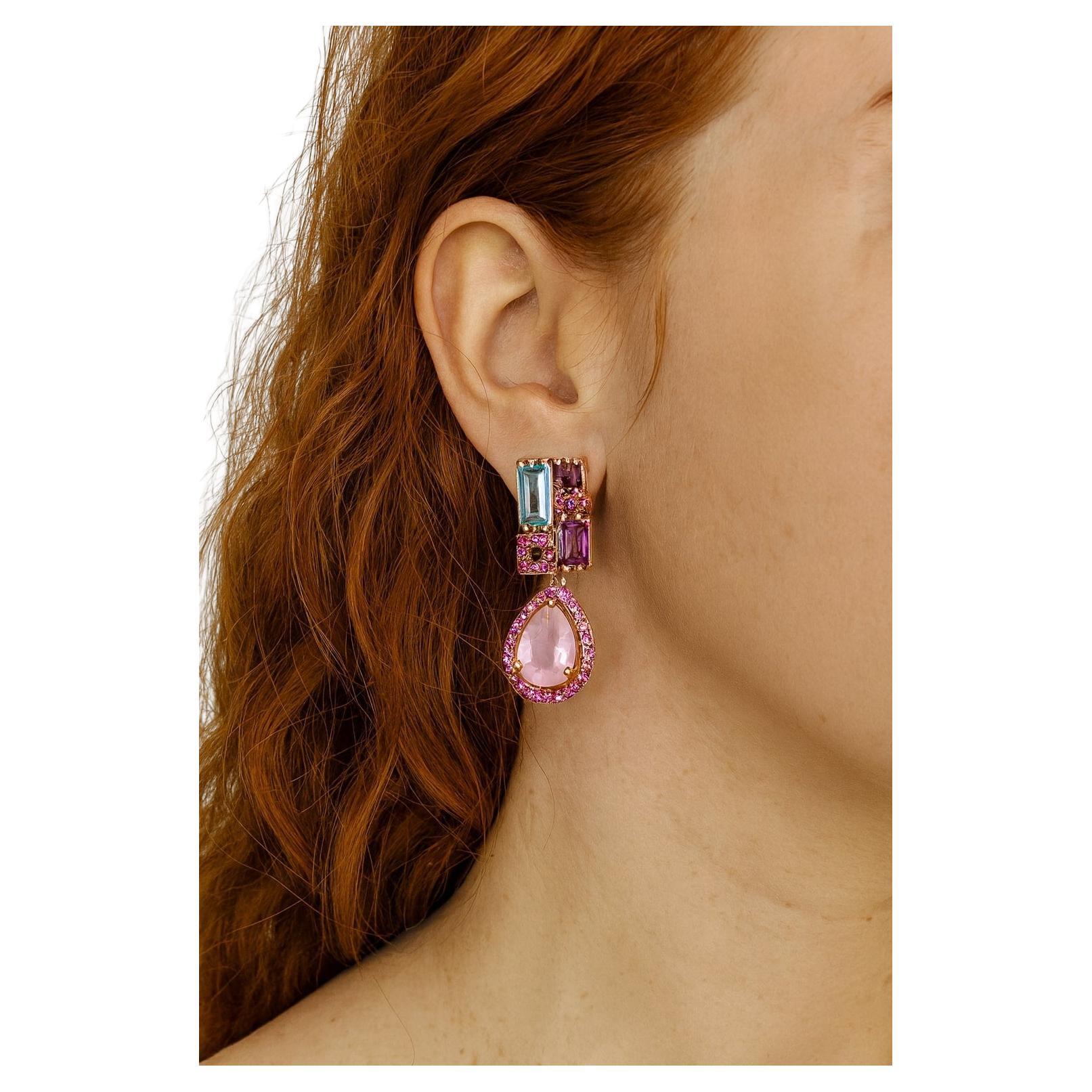 Bochic “Capri” Vintage Amethyst & Blue Topaz Earrings Set In 18K Gold & Silver For Sale