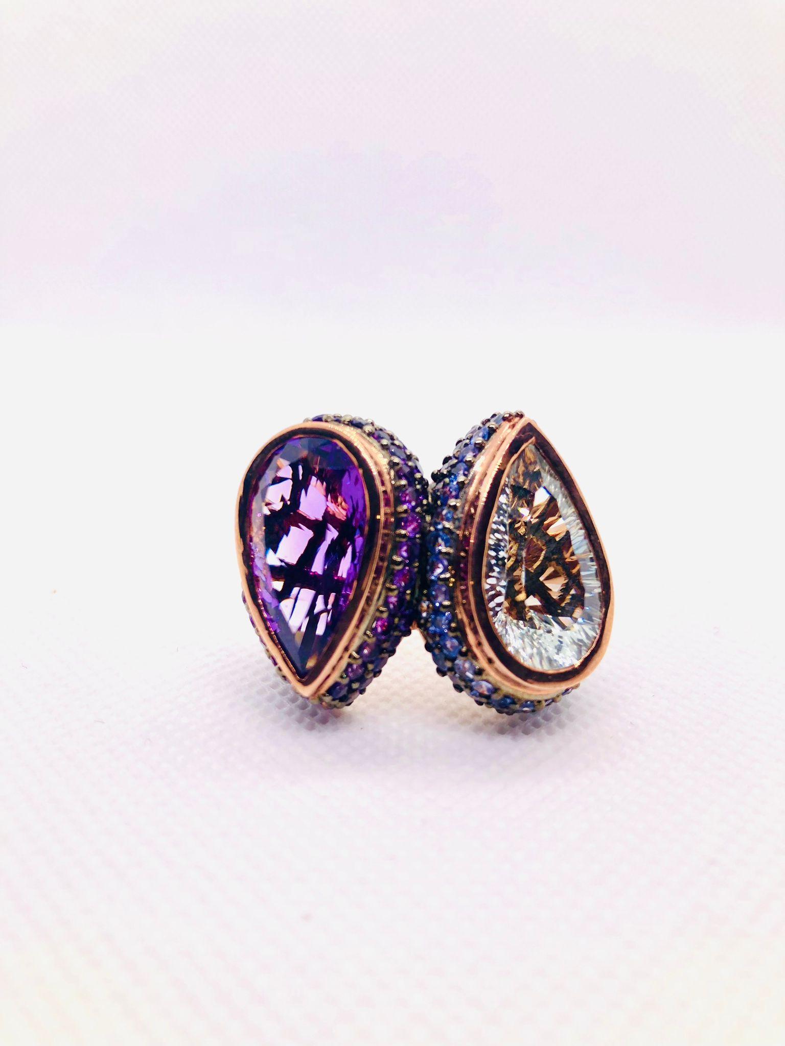 Taglio a goccia Anello vintage di ametista e topazio blu di Bochic 