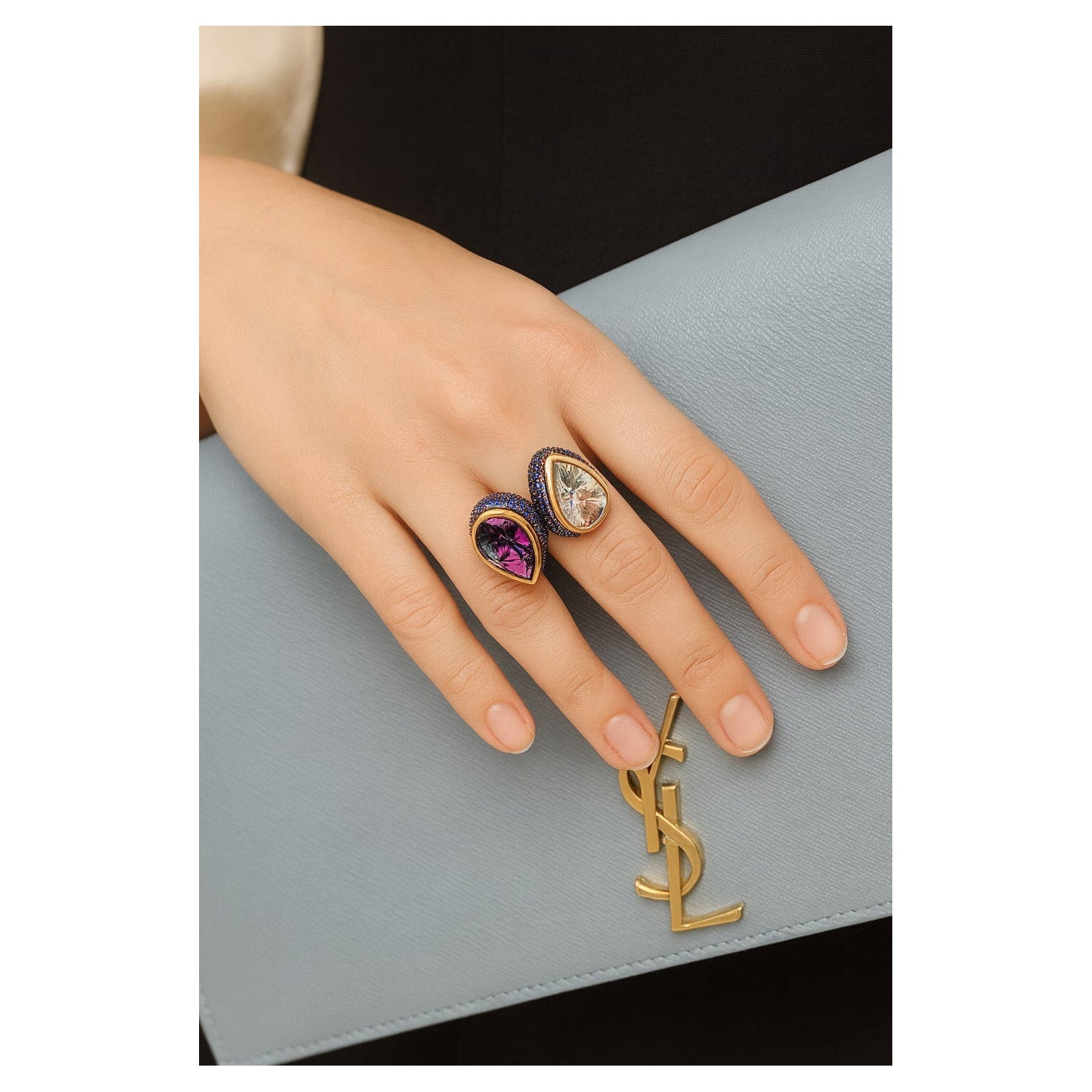 Anello vintage di ametista e topazio blu di Bochic "Capri" in oro e argento 18 carati