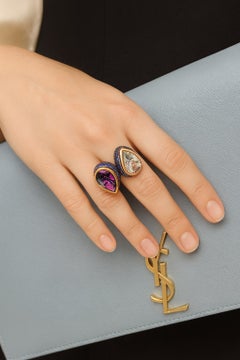 Anello vintage di ametista e topazio blu di Bochic "Capri" in oro e argento 18 carati