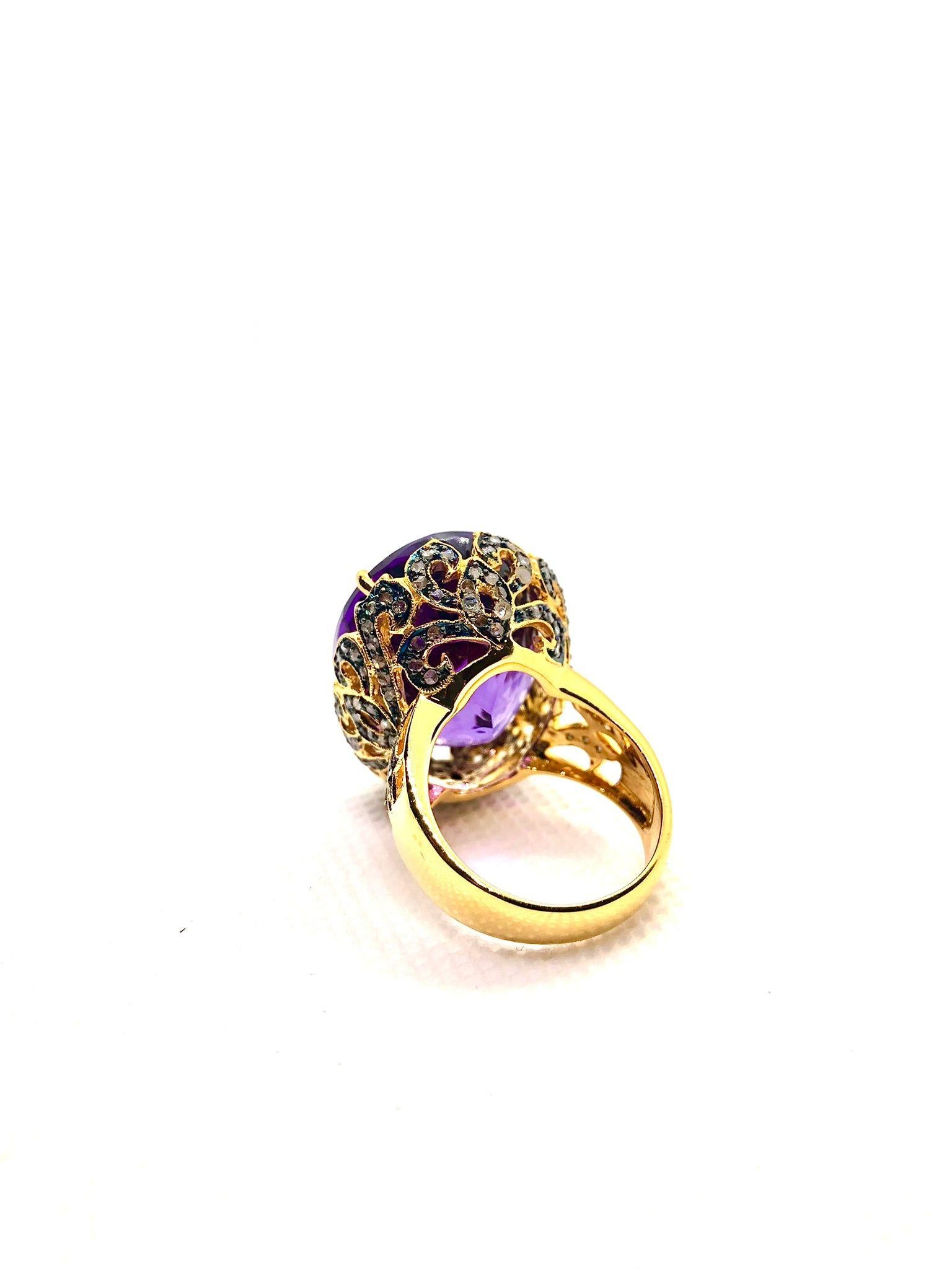 Anello vintage con ametista e diamanti in oro e argento 18 carati Bochic 