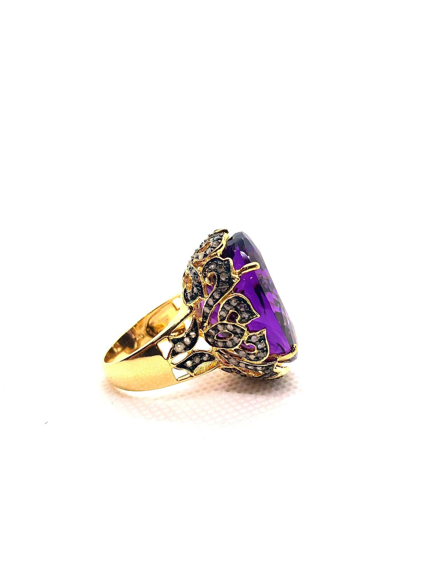 Barocco Anello vintage con ametista e diamanti in oro e argento 18 carati Bochic 