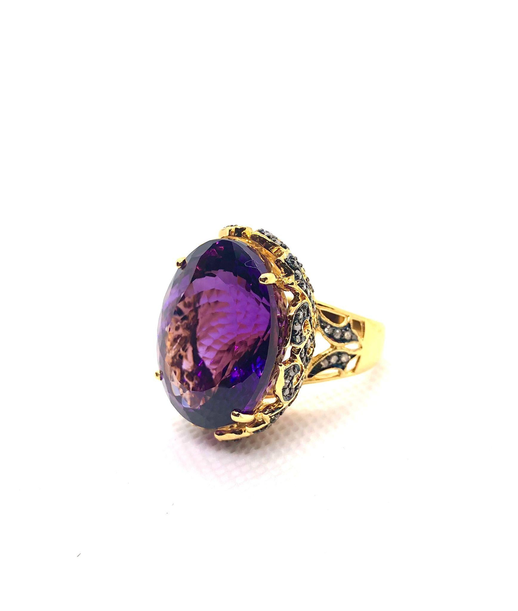 Taglio ovale Anello vintage con ametista e diamanti in oro e argento 18 carati Bochic 