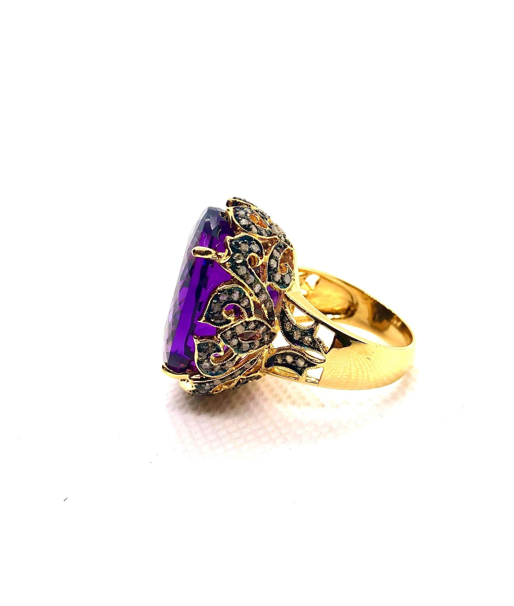 Anello vintage con ametista e diamanti in oro e argento 18 carati Bochic 