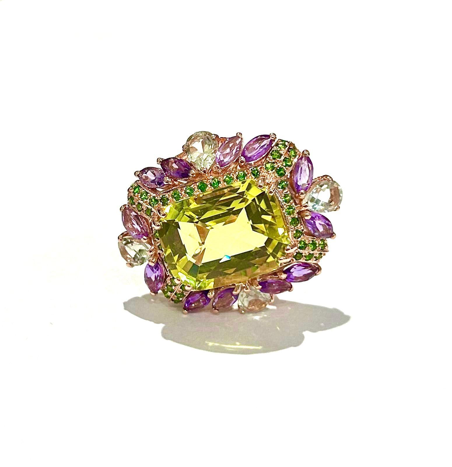 Baroque Bochic “Capri” Vintage Amethyst, Garant & Lemon Quartz Ring Set In 18K Gold & Si For Sale
