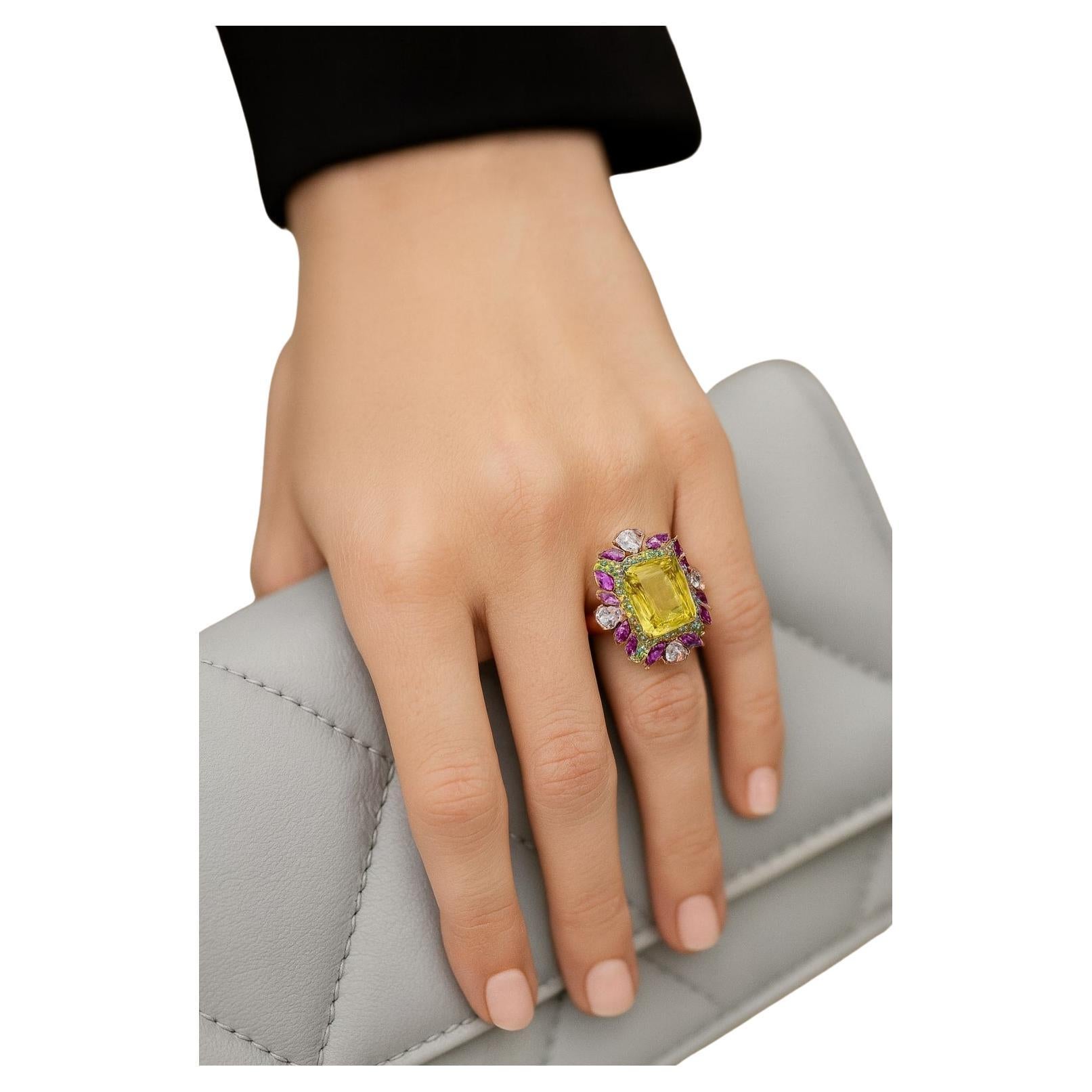 Bochic “Capri” Vintage Amethyst, Garant & Lemon Quartz Ring Set In 18K Gold & Si For Sale