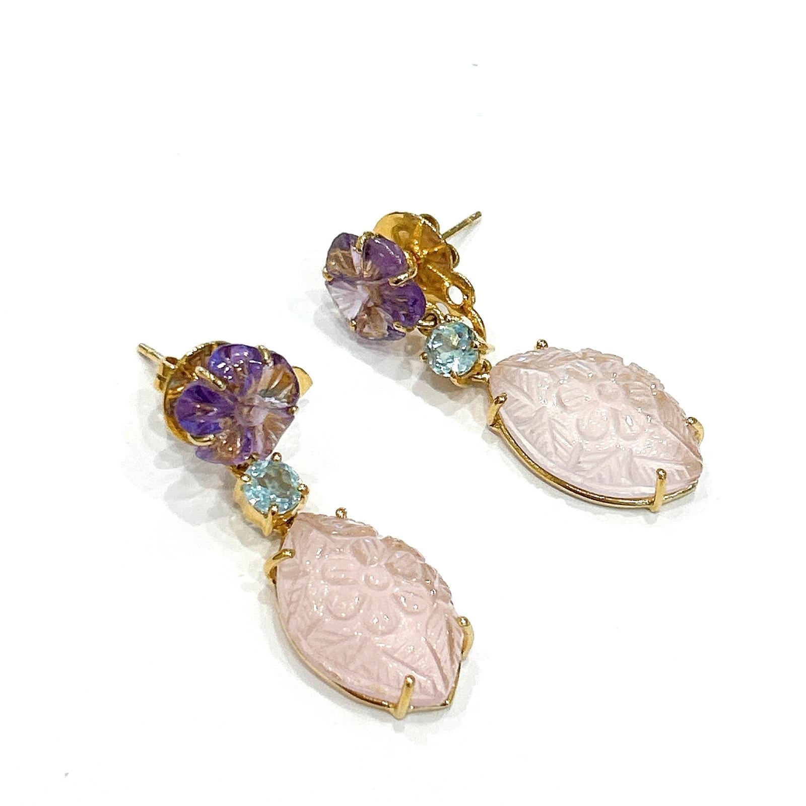 Bochic “Capri” Vintage Amethyst, Blue Topaz & Pink Quartz Paster Earrings Set In 18K Gold & Silver 

Natural Amethyst 
8 carats 
Natural Pastel Color Pink Quartz 
14 Carat 
Natural Blue Topaz 
2 Carat 

The earrings from the 