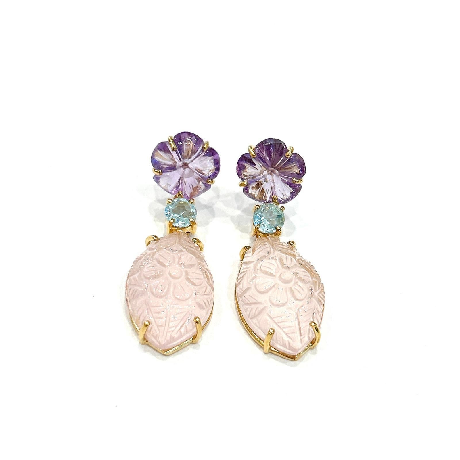 Antique Cushion Cut Bochic “Capri” Vintage Amethyst & Pink Topaz Pastel Earrings Set 18K Gold & Silv For Sale