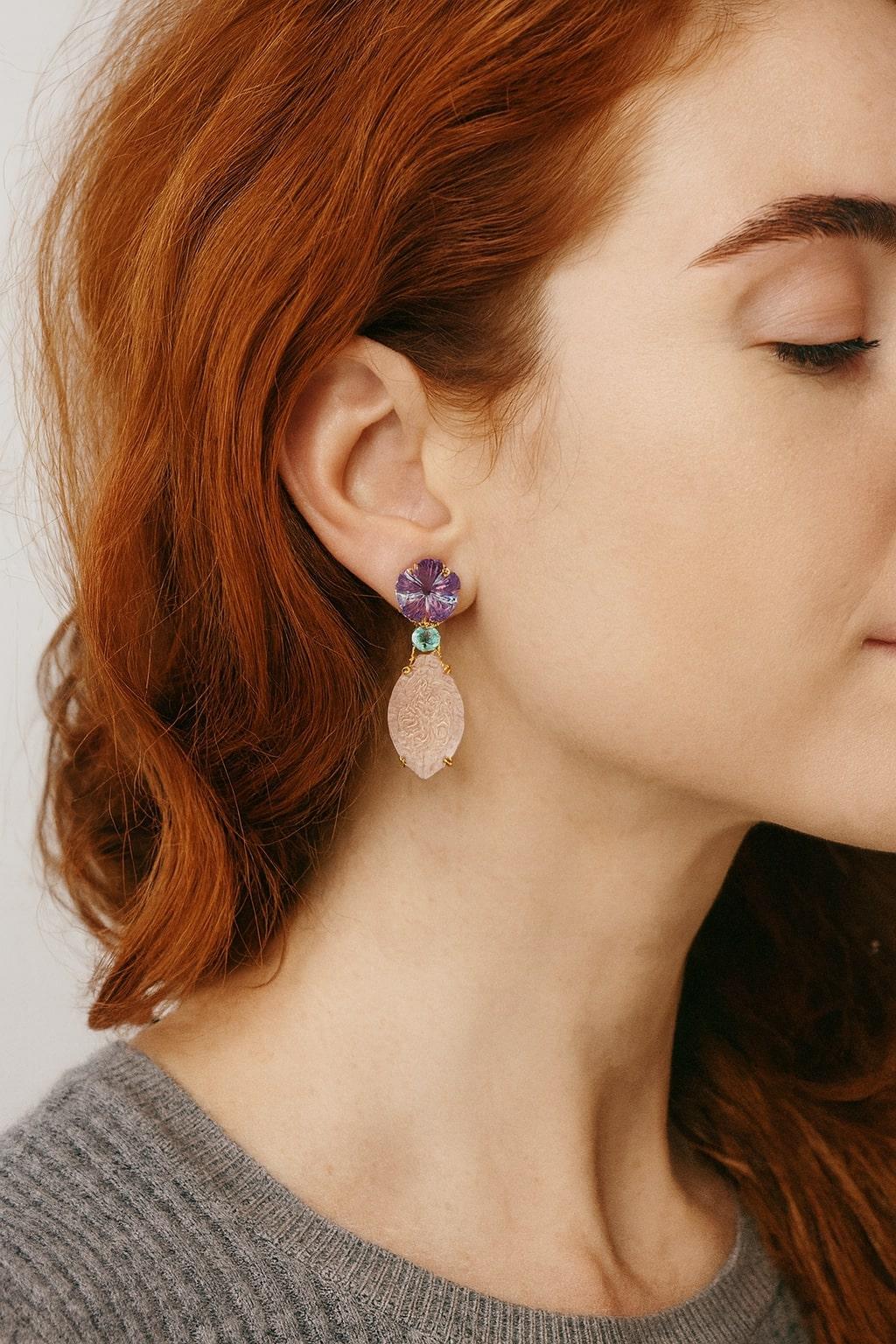 Women's or Men's Bochic “Capri” Vintage Amethyst & Pink Topaz Pastel Earrings Set 18K Gold & Silv For Sale